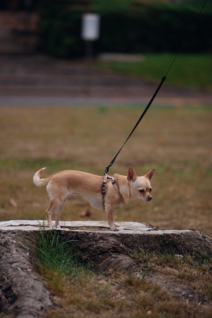 A beige chihuahua standing on a tree stump, exploring a park while on a leash.
